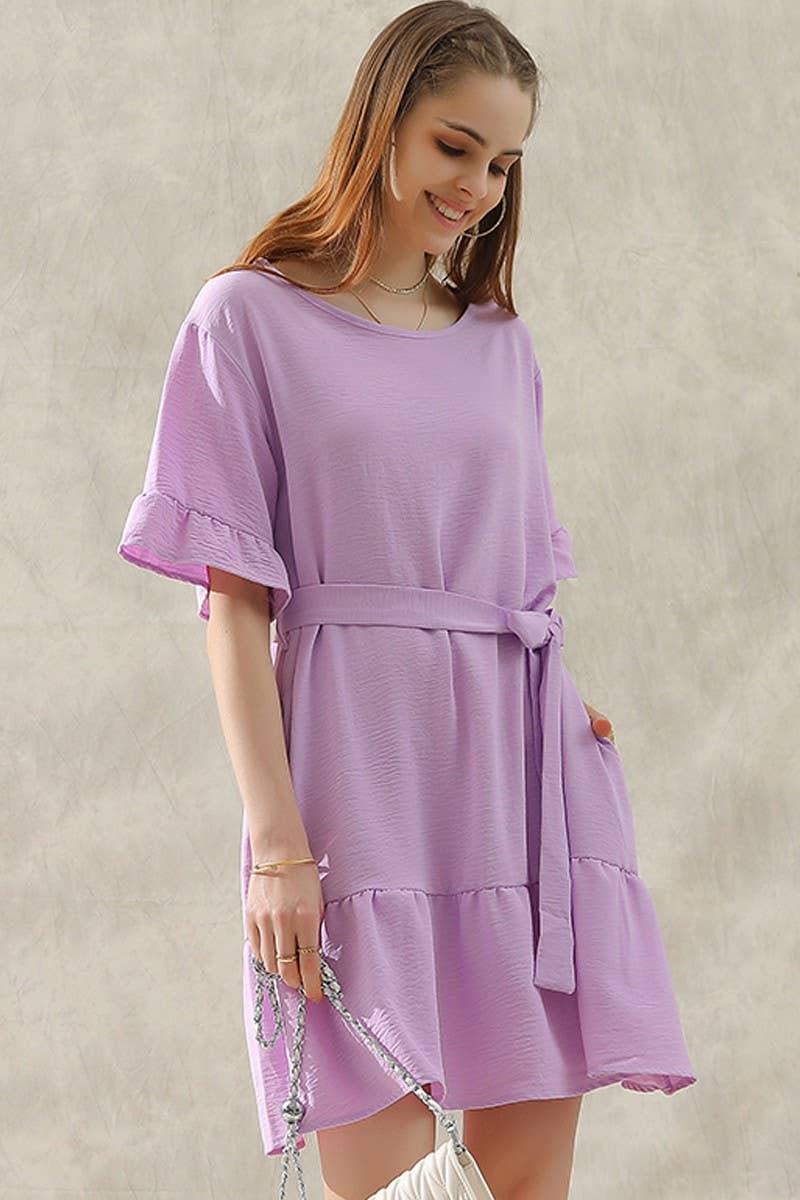 CWDSD10405_WAIST BOW TIE MIDI RUFFLE SHORT MIDI DRESS