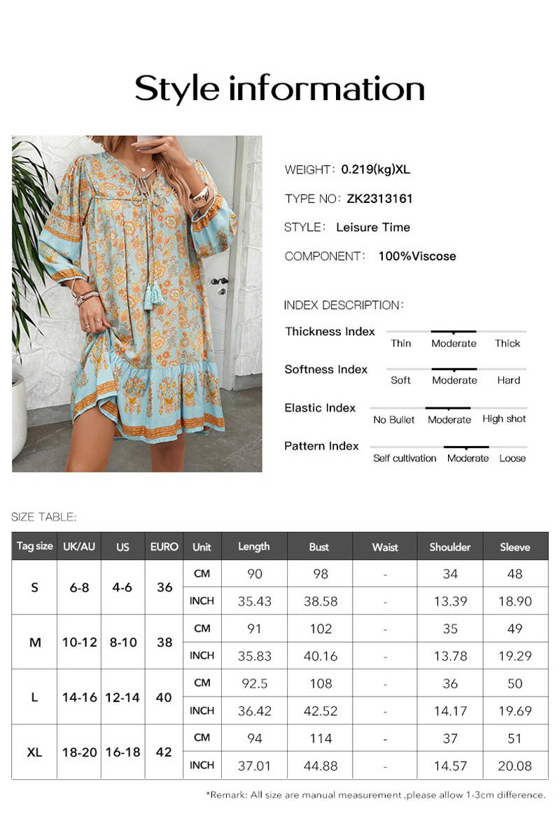 CWDSD8924_SPRING AND SUMMER V-NECK LACE-UP PRINT DRESS