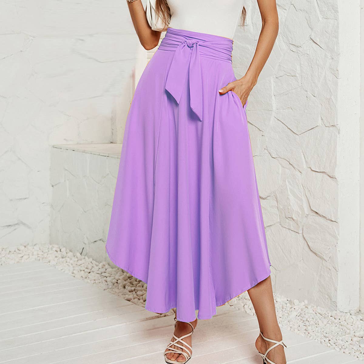 Solid color artistic lace-up skirt
