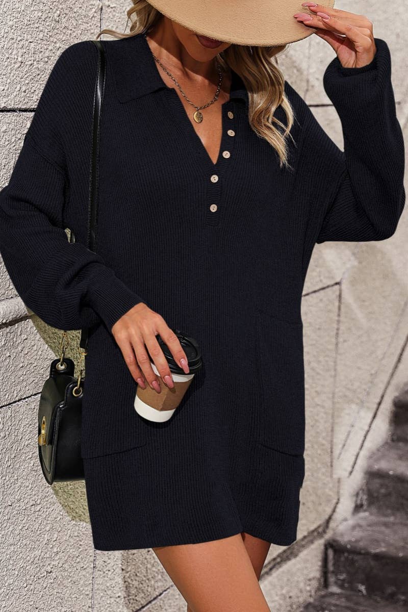 CWDSD6487_LAPEL BUTTON-DOWN LONG-SLEEVED SWEATER DRESS