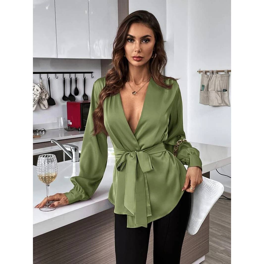 V-NECK SOLID COLOR BELTED ASYMMETRICAL HEM SHIRT