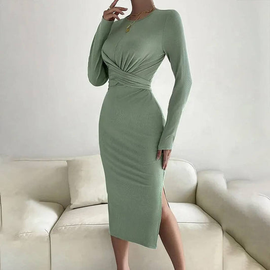 ROUND NECK SLIM HIP LONG SLEEVE DRESS_CWDSD2729