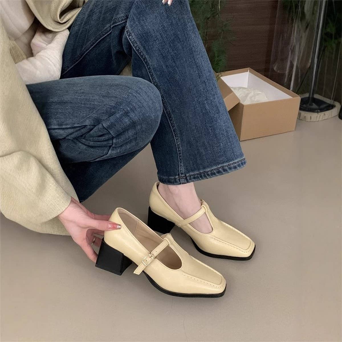 Silver Mary Jane Shoes Women Chunky Heel