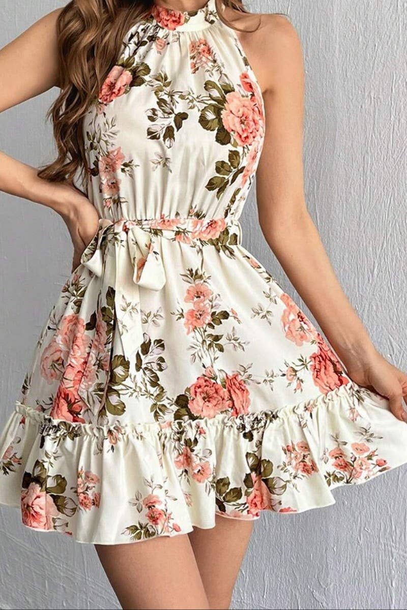 CWDSD10514_SWEET PRINT COLD SHOULDER RUFFLED SLIP DRESS