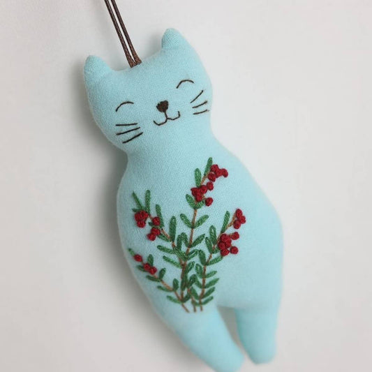 Hand-Embroidered Red Berry Cat Plush Charm