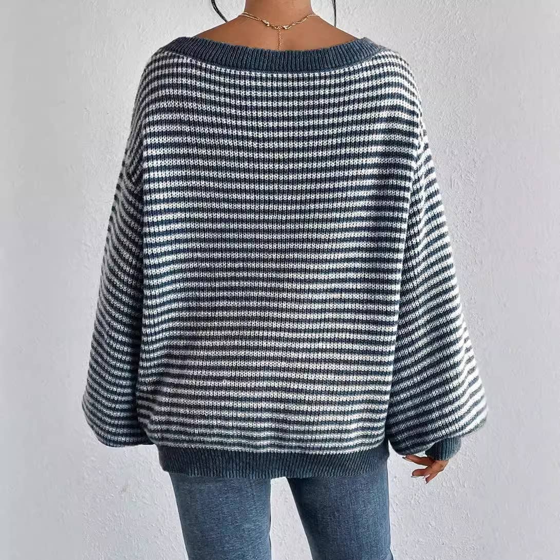 Temperament line-neck color pullover sweater