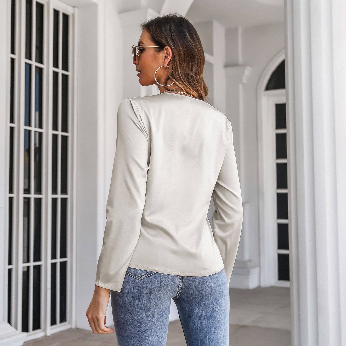 KNOTTED SATIN LONG SLEEVE BLOUSE LADY