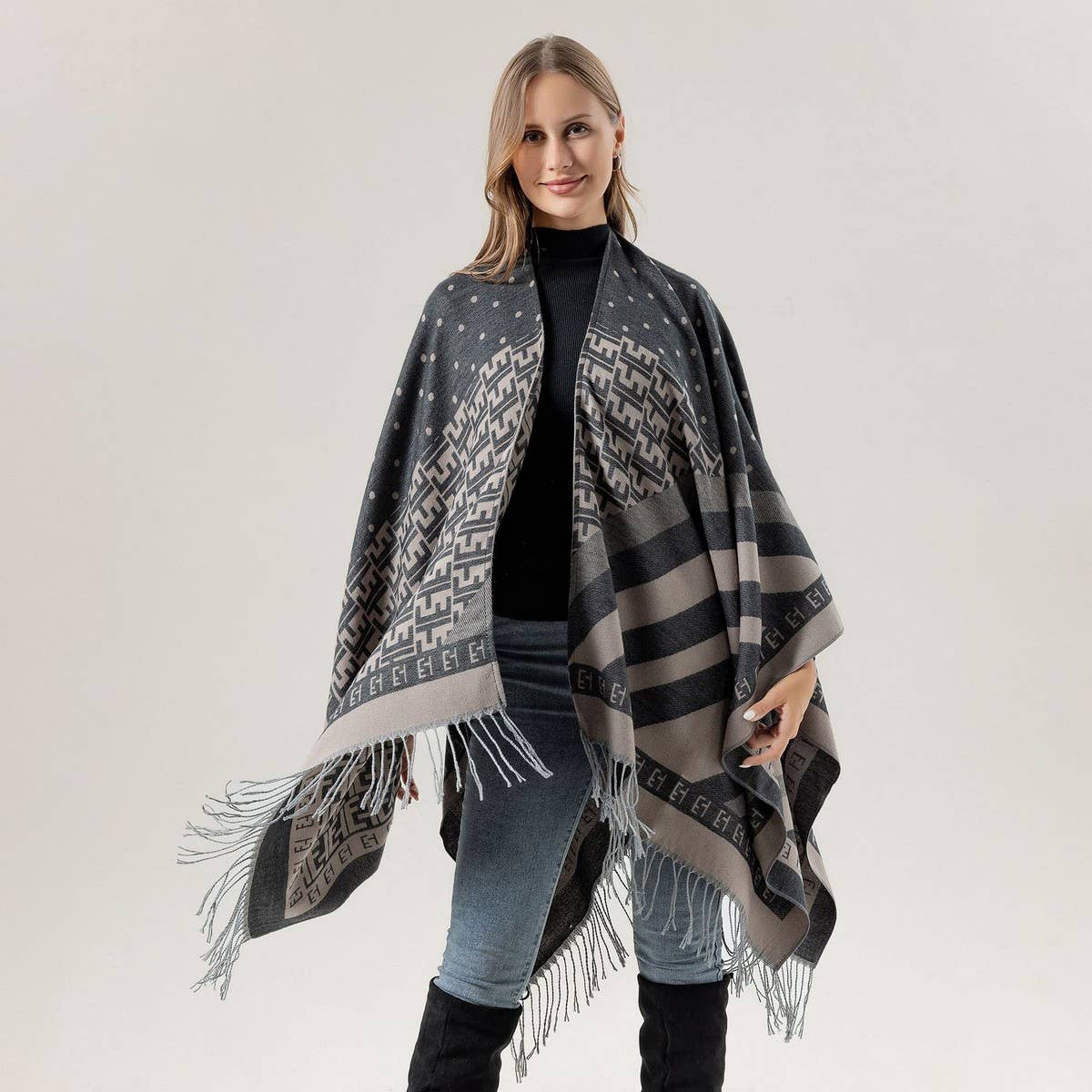 SHAWL FAUX CASHMERE CAPE FRINGED CAPE
