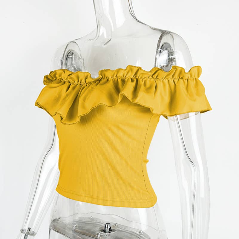 Solid color one-line shoulder ruffle trim top