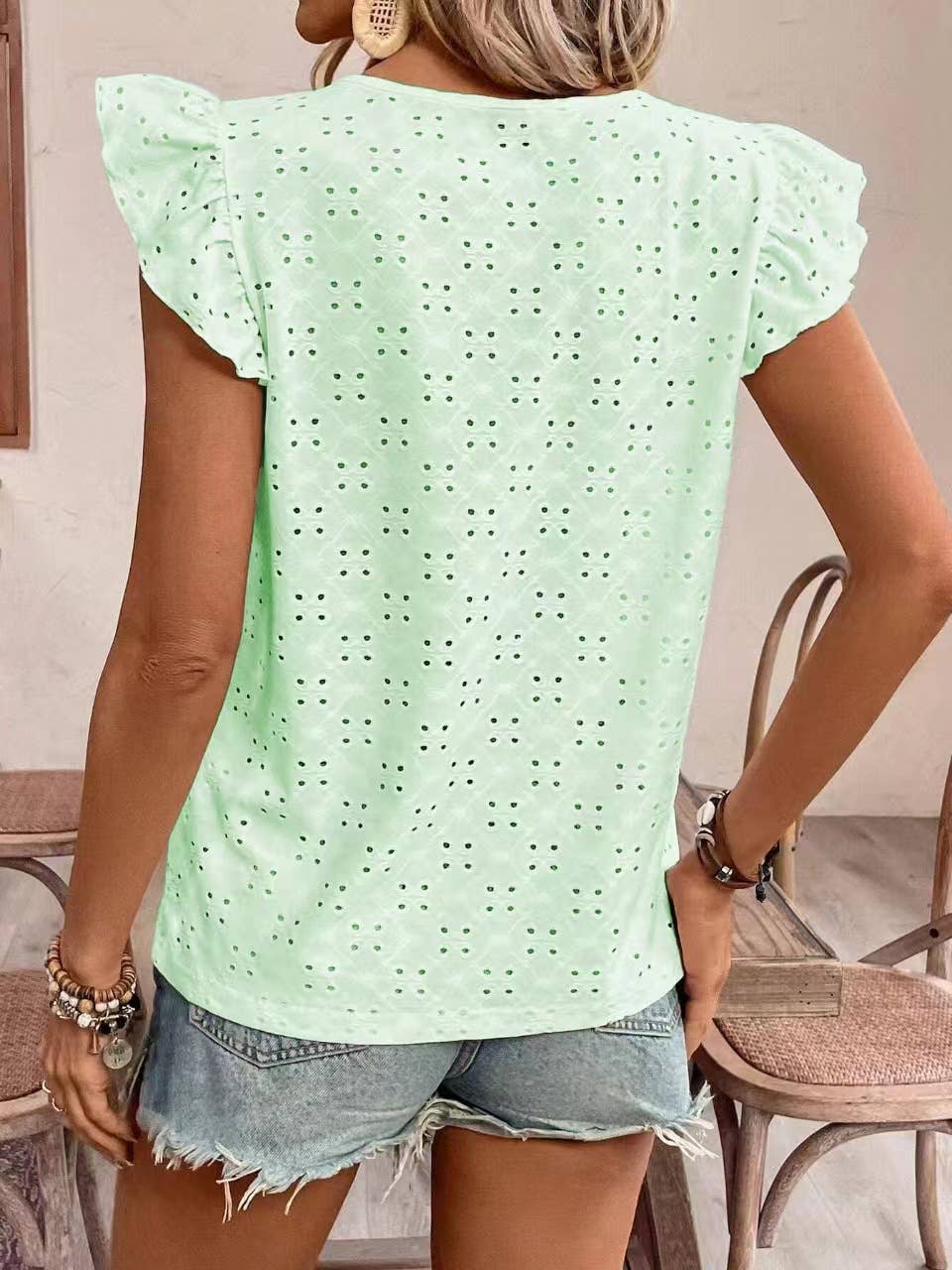 Jacquard V-neck pusher short-sleeved T-shirt