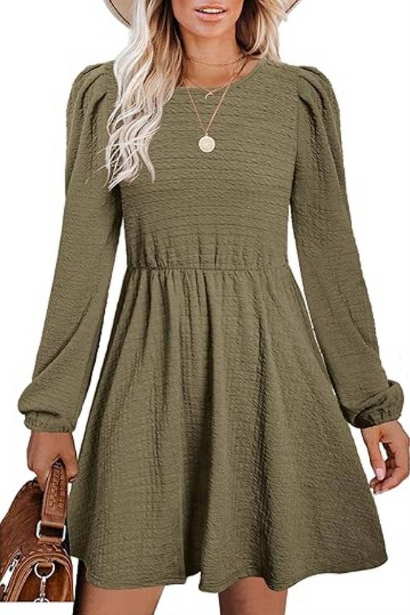 CWDSD10646_PUFF SLEEVE ROUND NECK HIGH WAIST DRESS