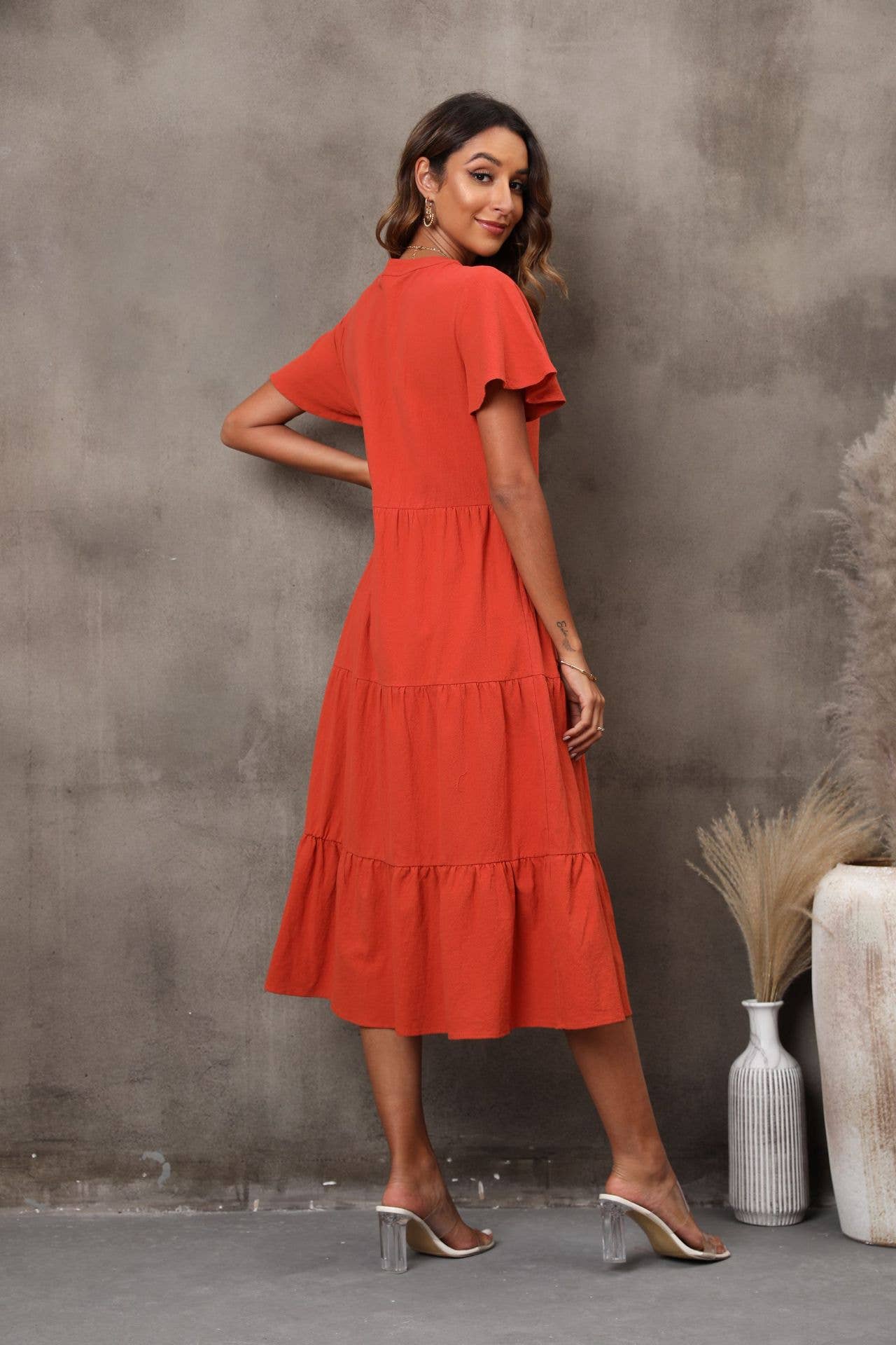 V-NECK SHORT-SLEEVED CARDIGAN LONG DRESS