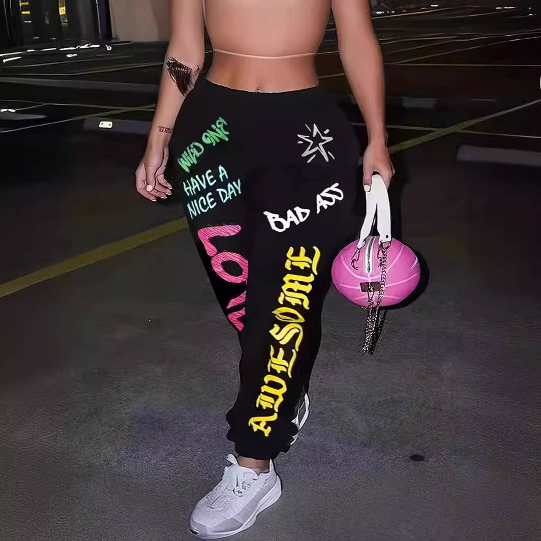 PRINTED ELASTICATED WAIST SPORTS HAREM PANTS