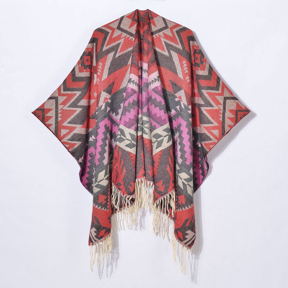 GEOMETRIC WAVE TASSEL SLIT SHAWL