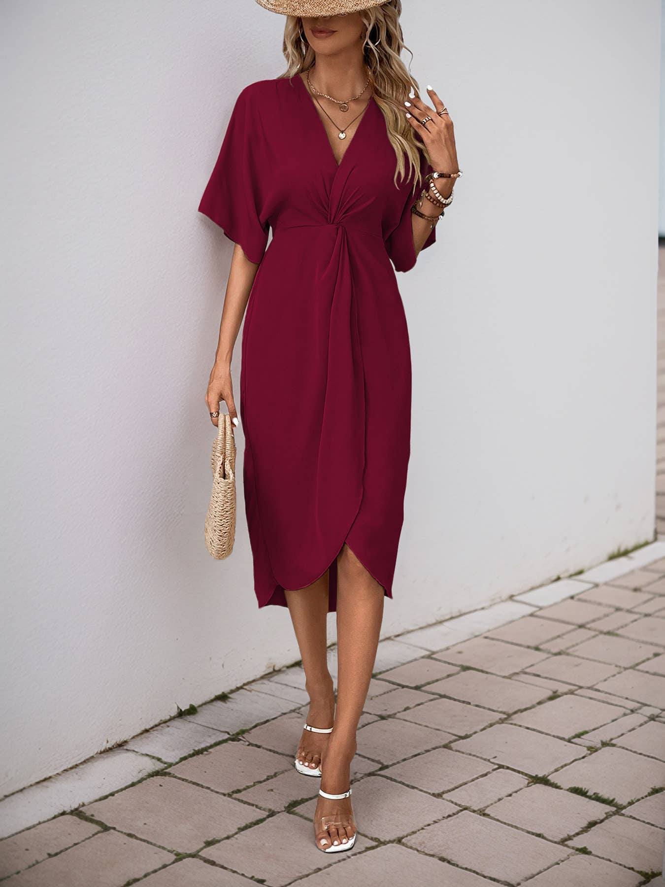 Solid color irregular waist slit mid-length dress