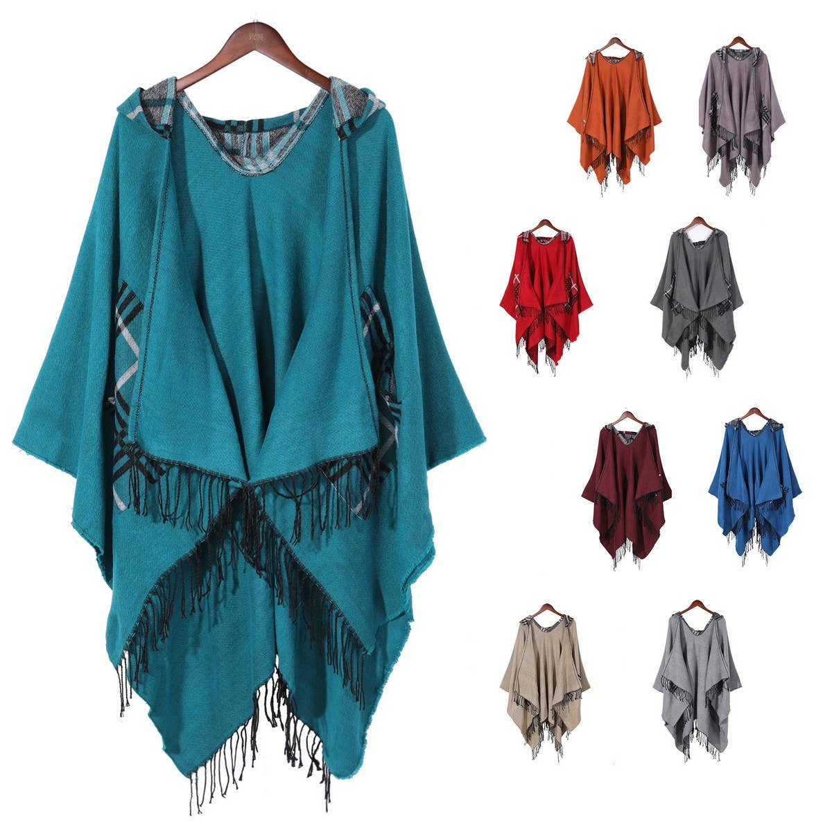 WOMEN HOODED TASSEL SPLIT SHAWL WRAPPED CLOAK