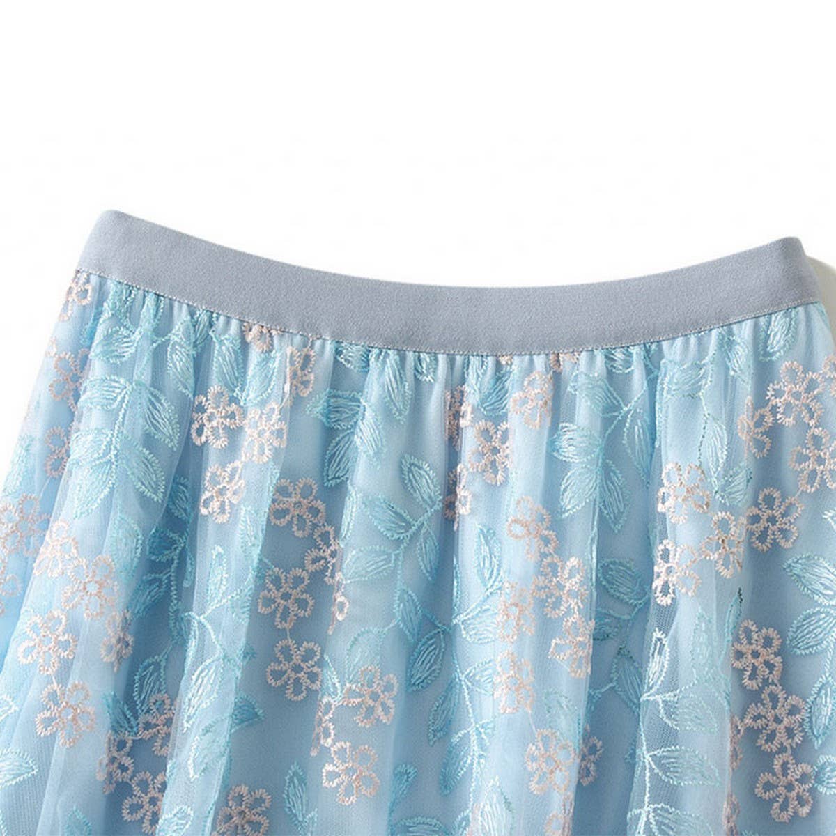 Embroidered Layered Tulle Skirt with Elastic Waist