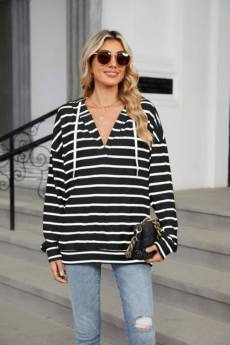 CWOHOL0718_DRAWSTRING HOODED STRIPED LONG SLEEVE SWEATSHIRT