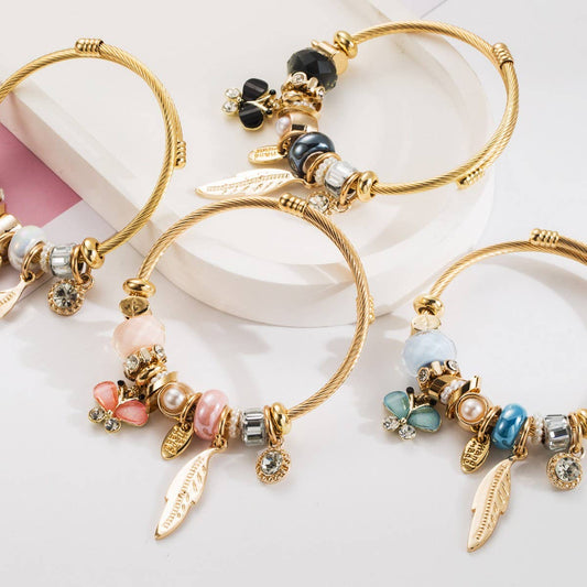 Beaded Steel Bracelet with Leaf & Butterfly_CWMM8618