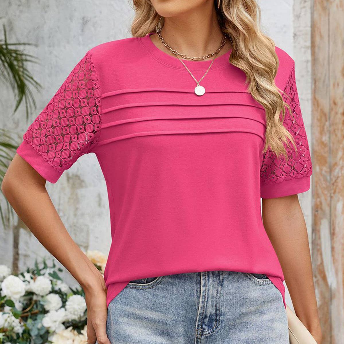 Solid color crew neck patchwork lace casual top