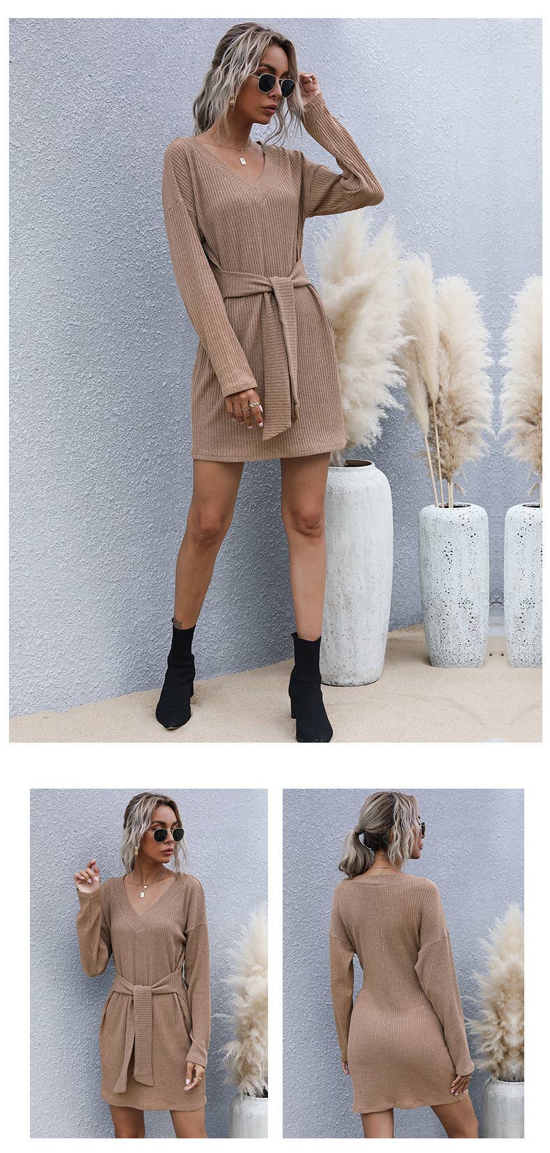 Short long sleeve V-neck sweater dress