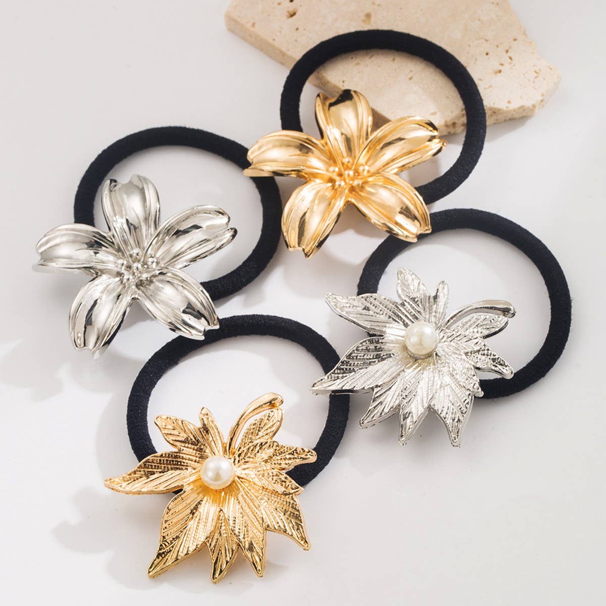 Metal Leaf Flower Elastic Hair Tie for Women