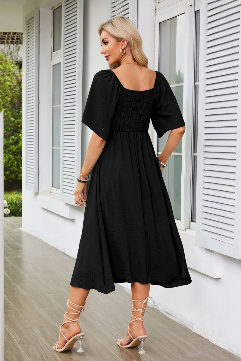 V-neck bow pleated mid-length short-sleeved dress