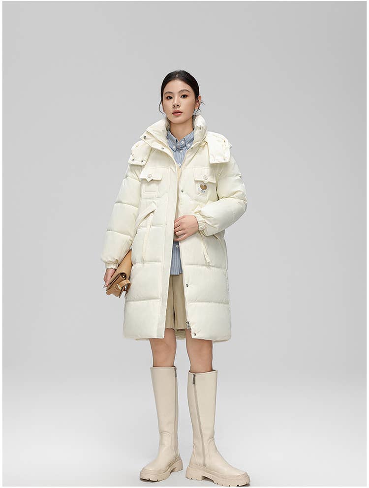 Fashionable knee-length thickened hooded jacket