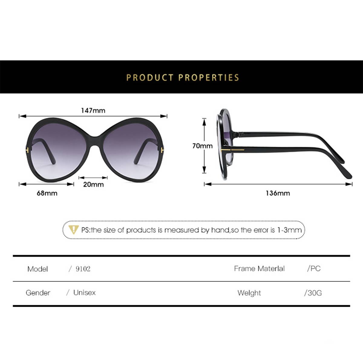 LARGE FRAME TOAD TRENDY T-SHAPE SUNGLASSES WOMEN