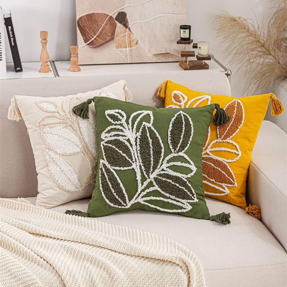 Boho Leaf Tufted Pillow Cover for Sofa Decor_CWMM7691