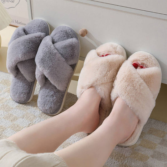Cross style Faux rabbit fur slippers For Women