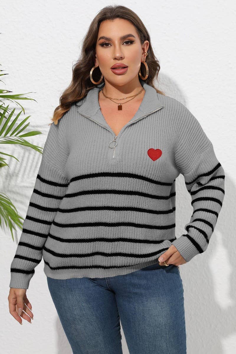 CWOSWL1593_PLUS Size Zip-Up Long Sleeve Pullover Sweater