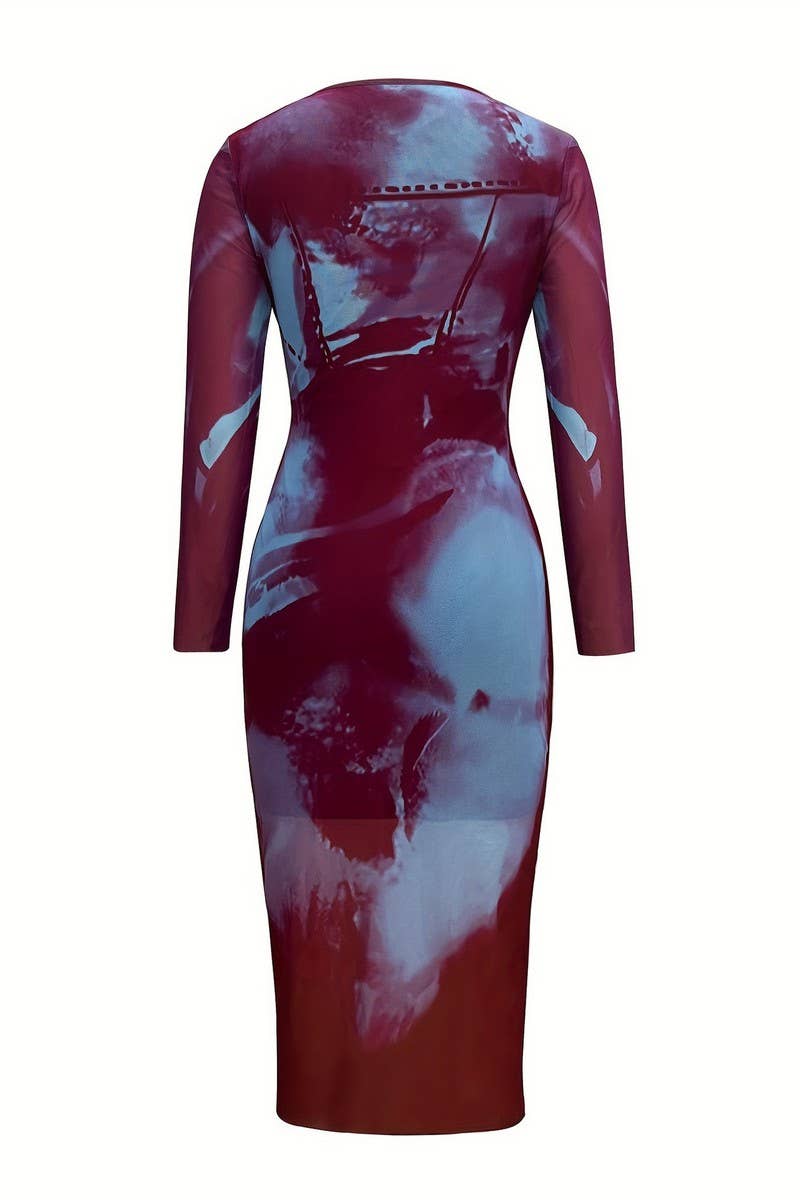 CWDMD5039_FASHION SEXY PRINTED SEMI-PERSPECTIVE MESH DRESS