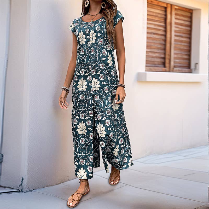Long ethnic style printed wide-leg jumpsuit