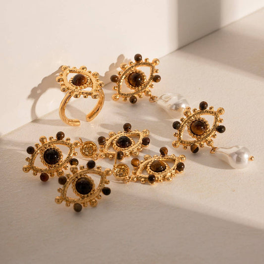 LIGHT LUXURY LACE HOLLOW TIGER EYE STONE EARRINGS