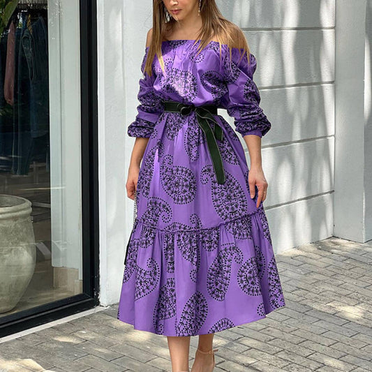 Long-sleeved printed one-shoulder dress