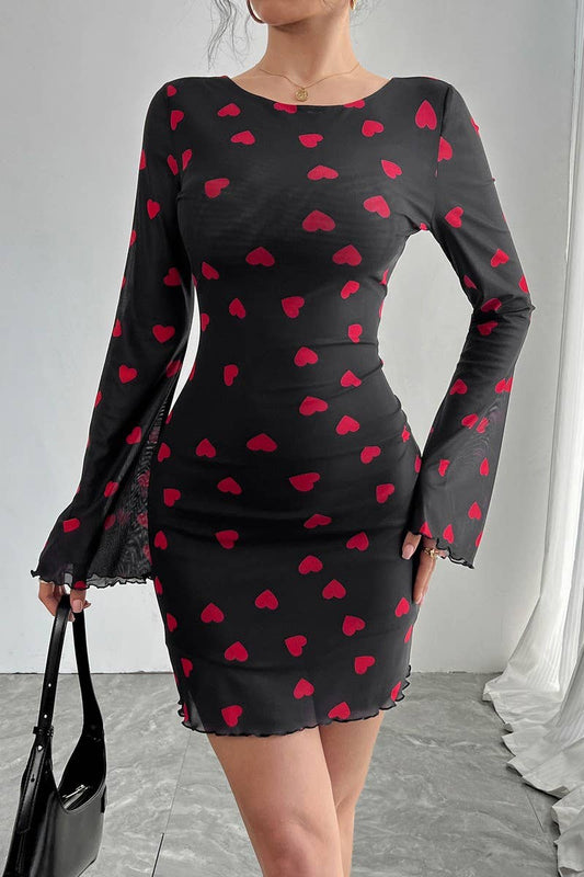 CWDSD8267_HEART PRINT BELL SLEEVE OPEN BACK MESH DRESS