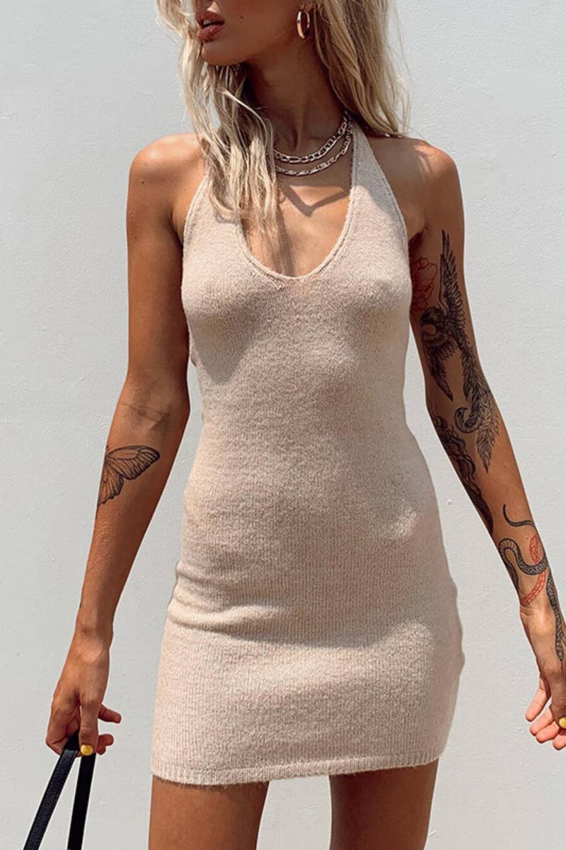 CWDSD3975_KNIT V-NECK SLEEVELESS HALTER SHORT DRESS