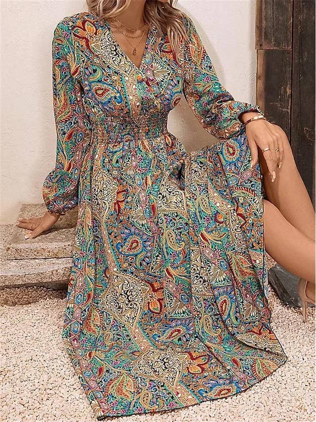 ETHNIC STYLE V-NECK PRINT LONG-SLEEVED DRESS