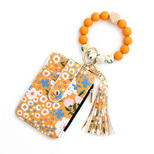 Floral PU Wallet with Bead Bracelet & Card Holder_CWAB4955