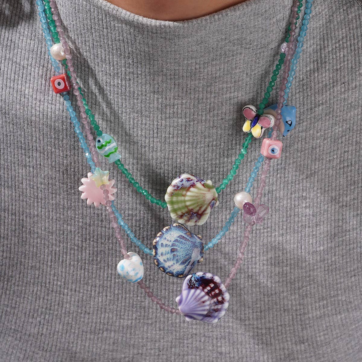 Unique Boho Glass Shell and Crystal Necklace