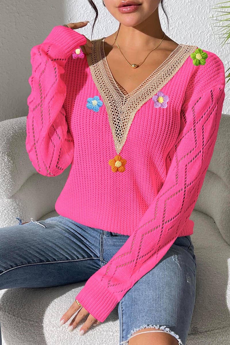 CWOSWL07385_WOMEN LACE V NECK COLOR BLOCK KNIT TOP