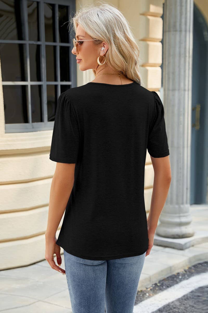 SOLID COLOR ROUND NECK SHORT SLEEVE PLEATED TOP_CWTSTS0343