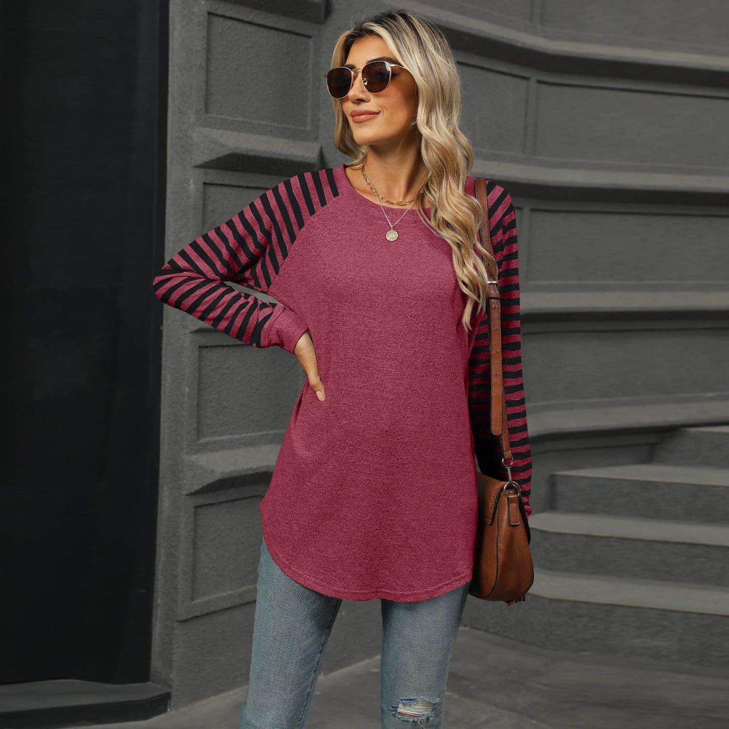 STRIPED PATCHWORK CREW NECK LONG SLEEVE T-SHIRT
