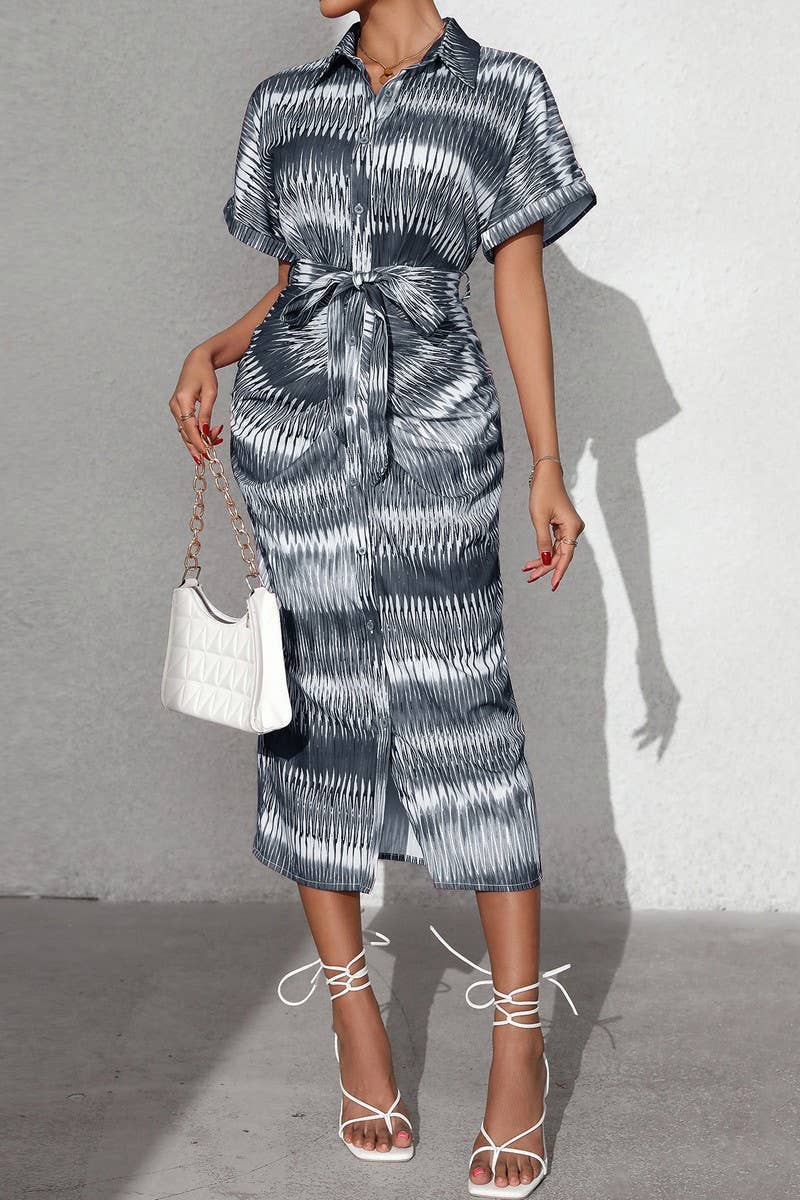 CWDMD5342_STRIPED TIE WAIST BUTTON FRONT MIDI SKIRT DRESS