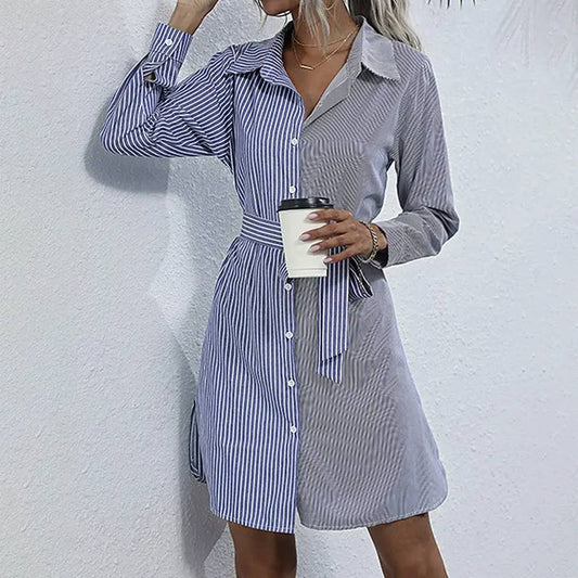 LONG SLEEVED LACE UP STRIPED SHIRT DRESS_CWDMD0979