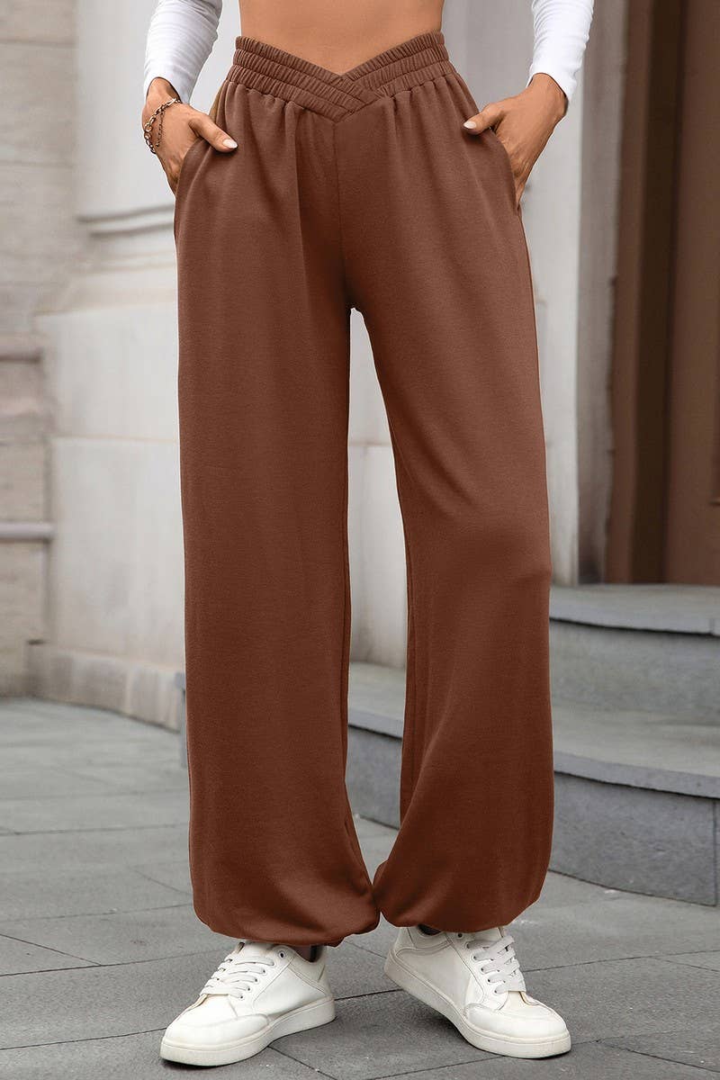 CWBLP01092_HIGH-WAISTED SOLID COLOR CUFFED CASUAL TROUSERS