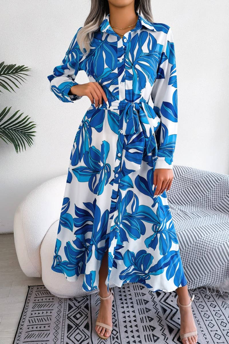 CWDMD2650_COLORFUL FLOWER LAPEL LACE-UP SHIRT LONG DRESS