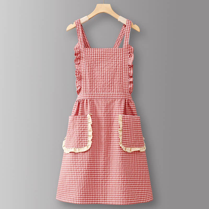 Cotton Striped Grid Kitchen Apron with Pocket