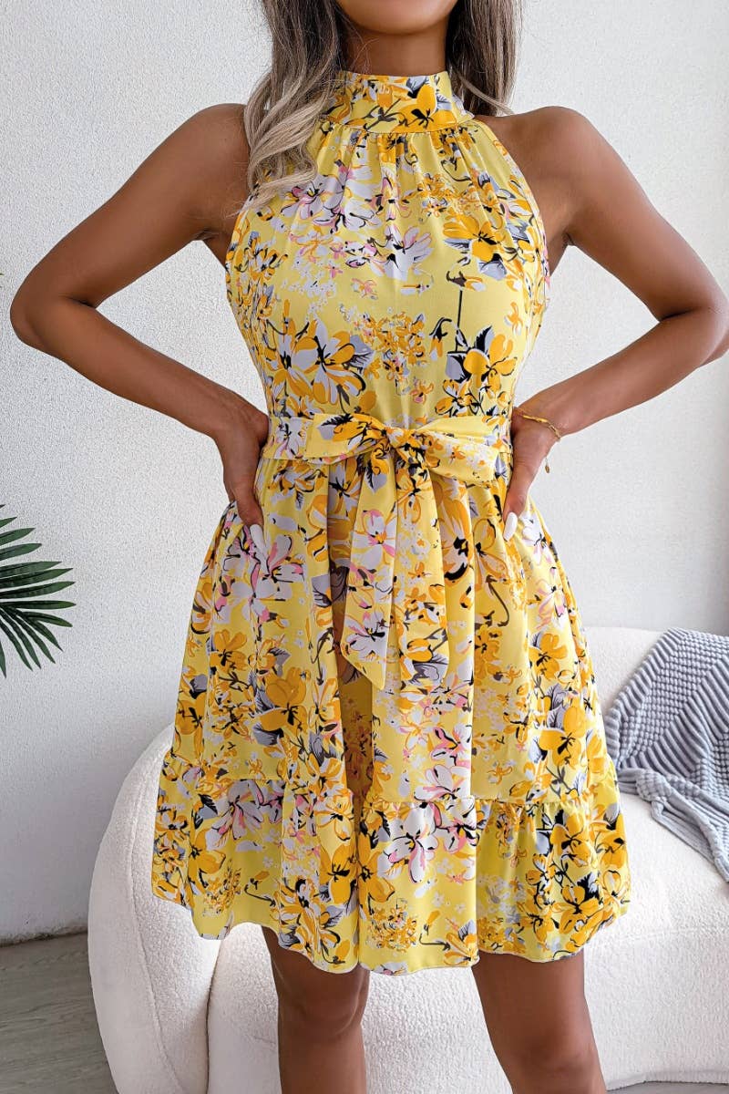 CWDSD4629_SHORT SUMMER LACE-UP FLORAL DRESS WITH RUFFLES